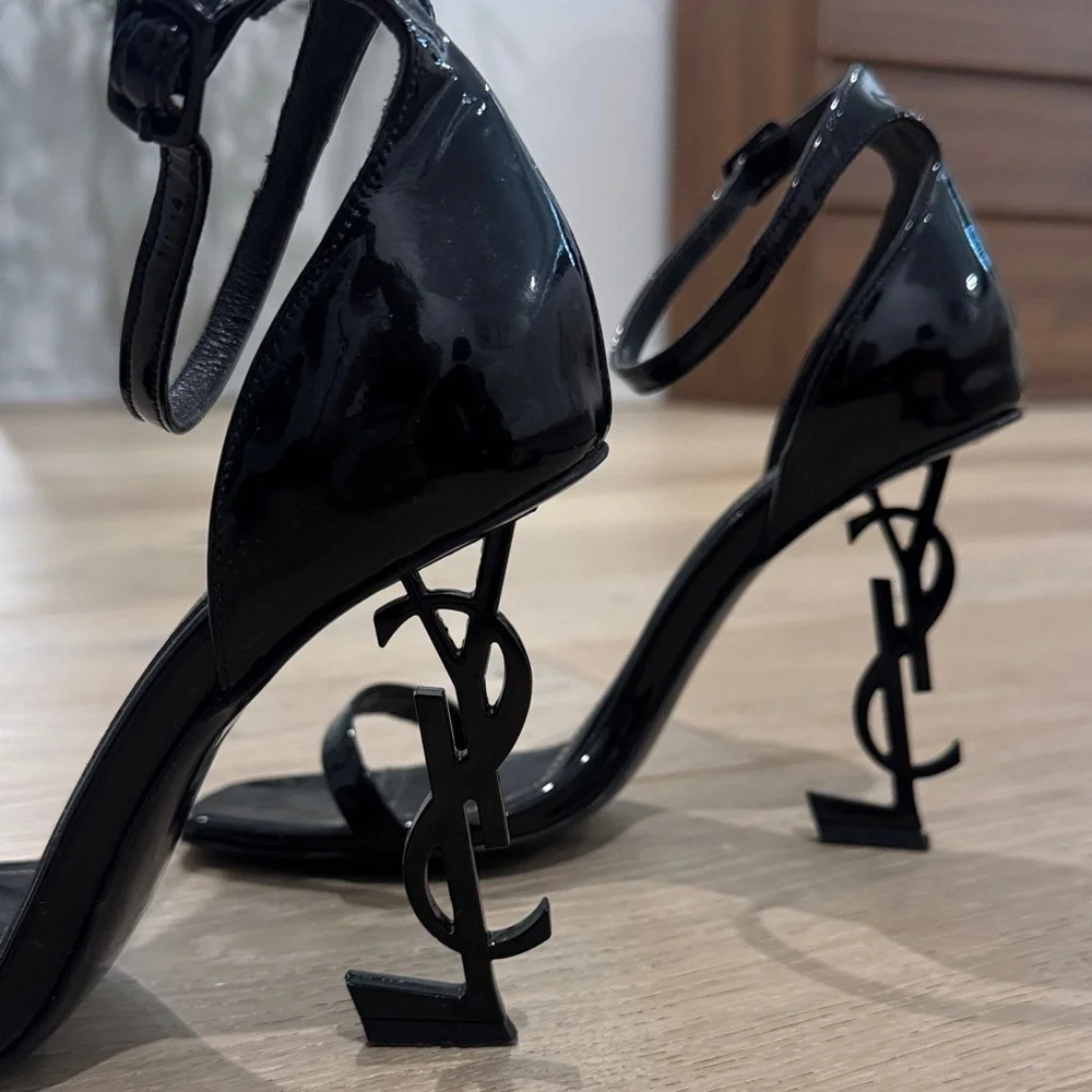 Saint Laurent Black Patent YSL Sculptural-Heel Sandals - Picture 6 of 8